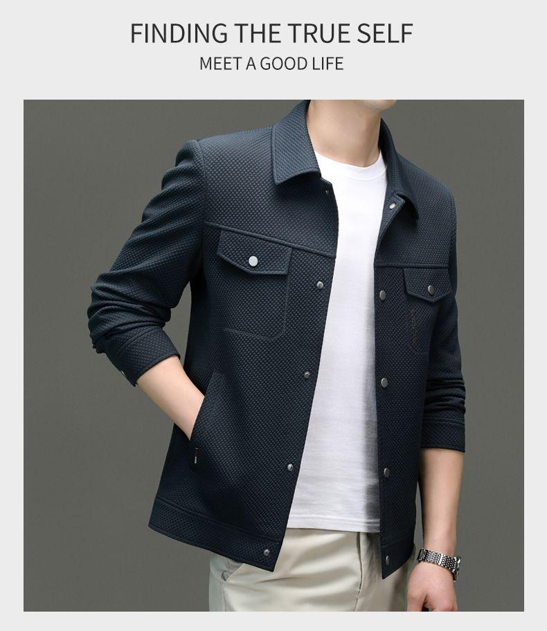 Product Introduction of Spring 2024 Men's Knitted Elastic-Force Jacket Lapel Overalls Korean Style Slim-Fitting Jacket Fashion All-Matching Closed 31