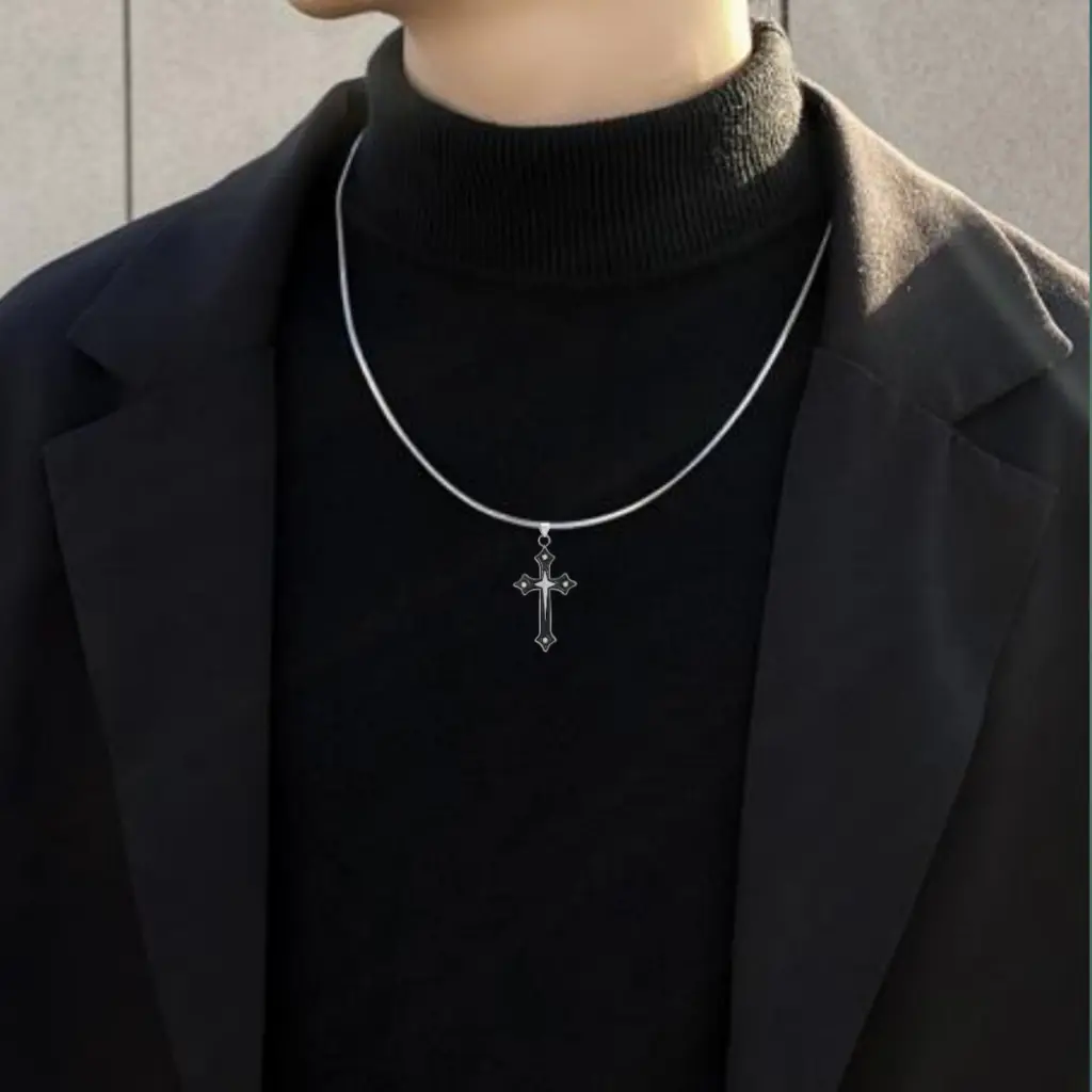 KALUNG TITANIUM MODEL BELUTLIONTIN SALIB HITAM PERMATA ZIRCON PRIA WANITA ANTI KARAT DAN TIDAK LUNTUR