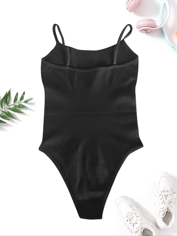 Sporty Women's Plain Button Adjustable Strap Cami Sports Skinny Bodysuit, Casual Sport High Stretch Tight-Fitting Sleeveless Bodysuit for Yoga Gym Workout, Ladies Sportswear for All Seasons Womenswear Tops Slim 1