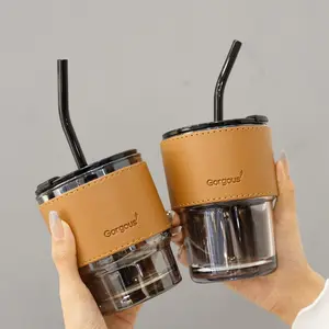 Botol Minum Kaca Gorgous 400 ml / Tumbler Coffe Cup Aesthetic Full Glass Dengan Sedotan