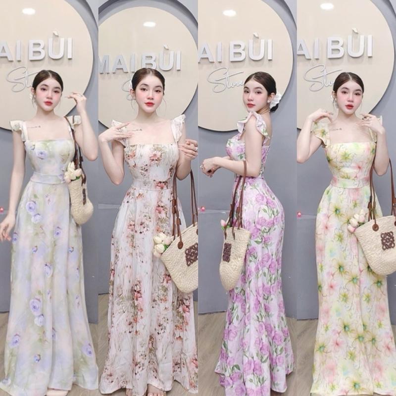 D608 - Đầm Lụa Vân Gỗ Xoè Vai Cánh Tiên Mai Bùi Store
