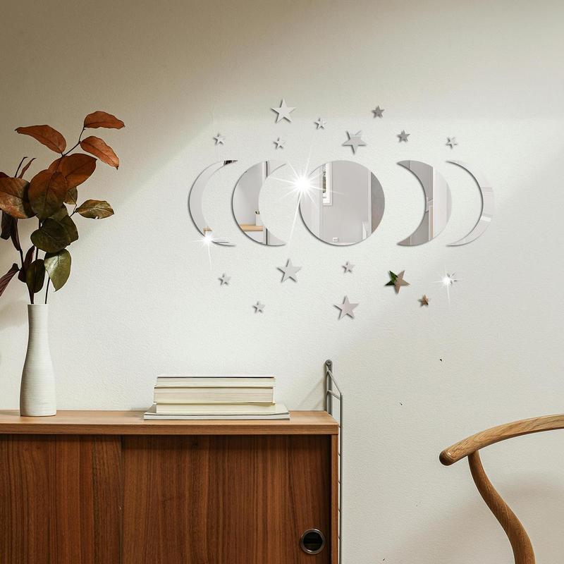 Star & Moon Pattern Mirror Decorative Wall Tiles Sticker, 1 Set Self Adhesive Wall Decor, Decor Sticker for Home Bedroom Living Room 7