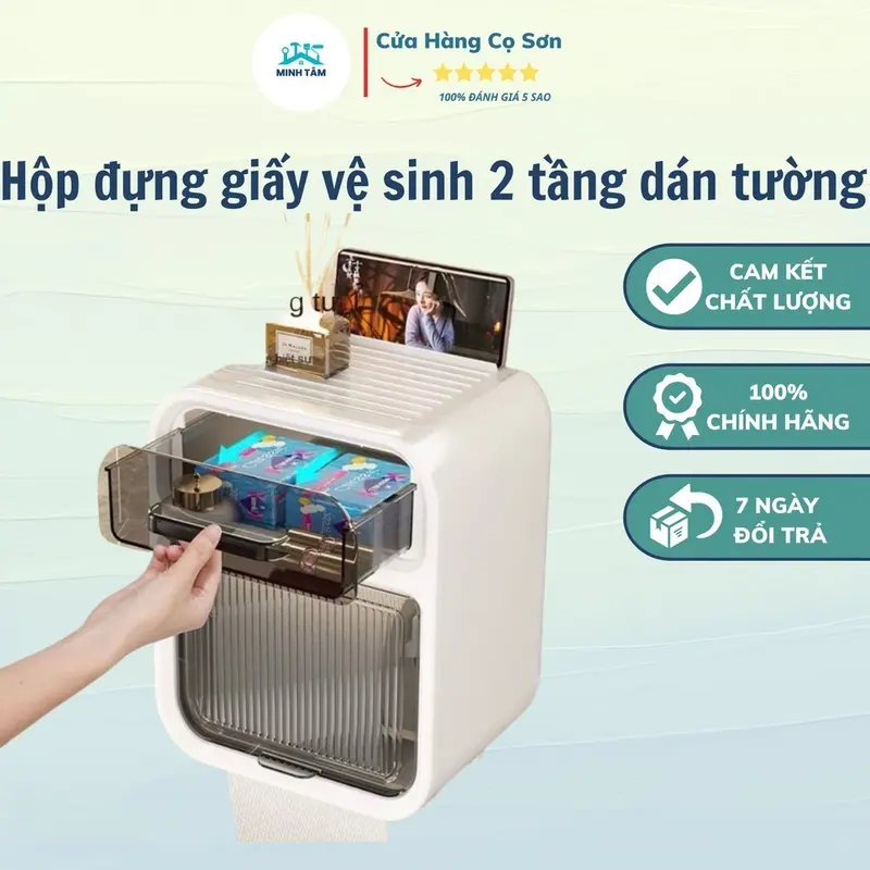 Hộp Đựng Giấy Vệ Sinh 2 Tầng Có Ngăn Kéo Gắn Tường. Kệ Đựng Đồ Nhà Tắm Toilet Đa Năng Ngăn Nước Kèm Miếng Dán Dính Tường 1