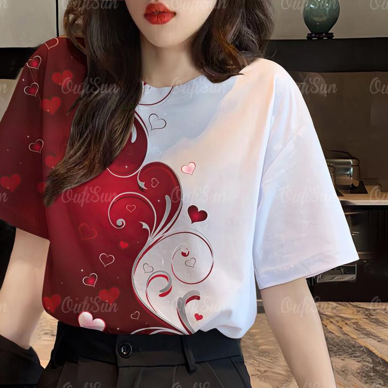 Áo Thun Ngắn Tay, Cổ Tròn, In 3D, In Hình Trái Tim, Phong Cách Cổ Điển, Thời Trang, Dành Cho Nữ Women Top aothun  phomrong 1