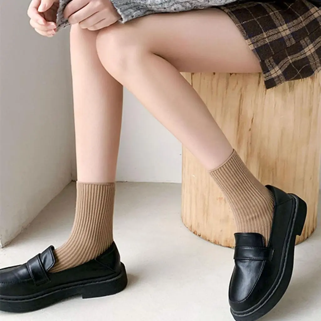 Quntuas- Ribbed Socks Ankle Protection Cozy Women Socks Lady Pure Color Ribbed  Crew Socks Shoes Accessories Washable