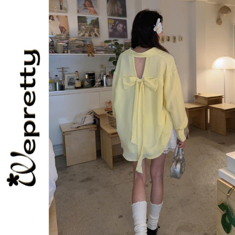 RIBBON SHIRT AH21 - Áo sơ mi nữ dài tay phối nơ xinh xắn chất liệu đũi mềm Wepretty Clothes với 4 phân loại màu dễ