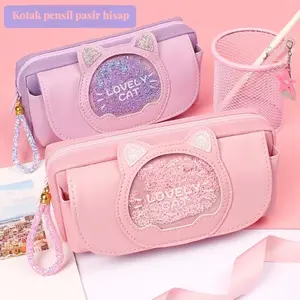 Tas pensil multifungsi kotak penyimpanan lucu tas pensil hewan pasir hisap kartun