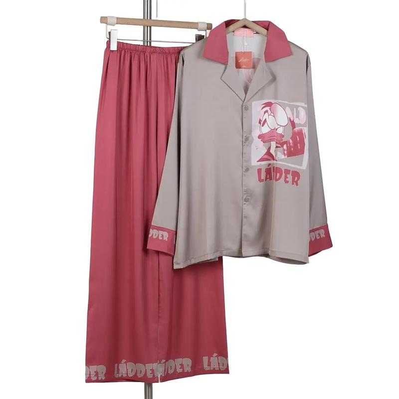Bộ ngủ ( không túi) bộ pyjama quần dài tay dài áo ghi hoạ tiết vịt quần hồng đất  bộ ngủ Ládder - pyjama women bộ  ngủ