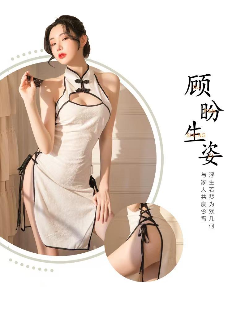Product Introduction of Sexy Lingerie Women's Sexy Retro Style Standing Collar Cheongsam Pure Desire Side Open Strap Free Role Play Uniform 1