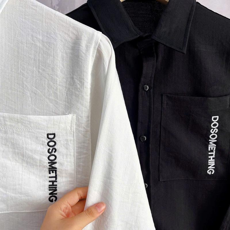 Áo Sơ Mi Nam Tay Dài Thêu Chữ Lưng Phối Túi Kiểu Chất Vải Đũi Mềm Mịn Thoáng Mát Menswear Top Shirt 2