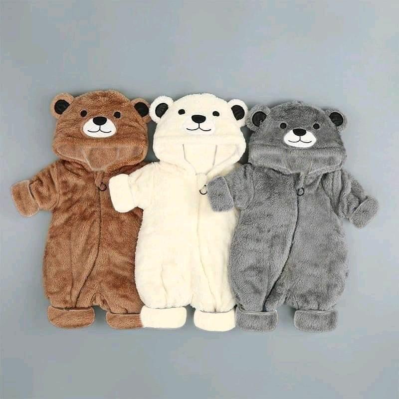 Bộ quần áo liền thân hình gấu lót lông cho bé trai bé gái 4_20kg chất lông mềm mịn bososinh