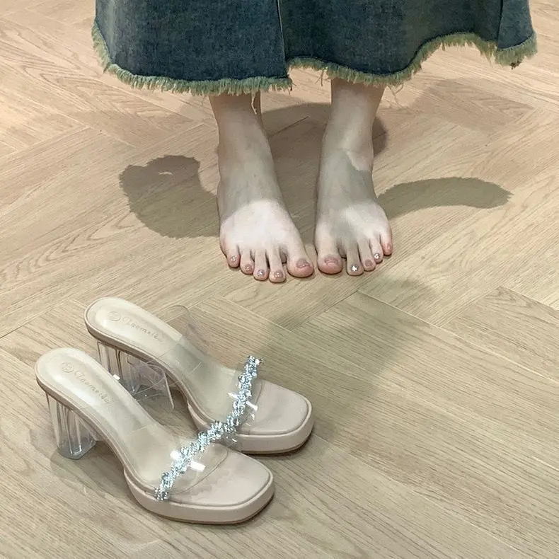 Dép và Dép Lê nữ, Bộ sưu tập 4537 người, Trang Phục mùa hè với Váy, đính đá, Dây đeo mắt cá chân Thoải mái, Giày cao gót, đế dày, thoải mái, Gót khối pha lê 4
