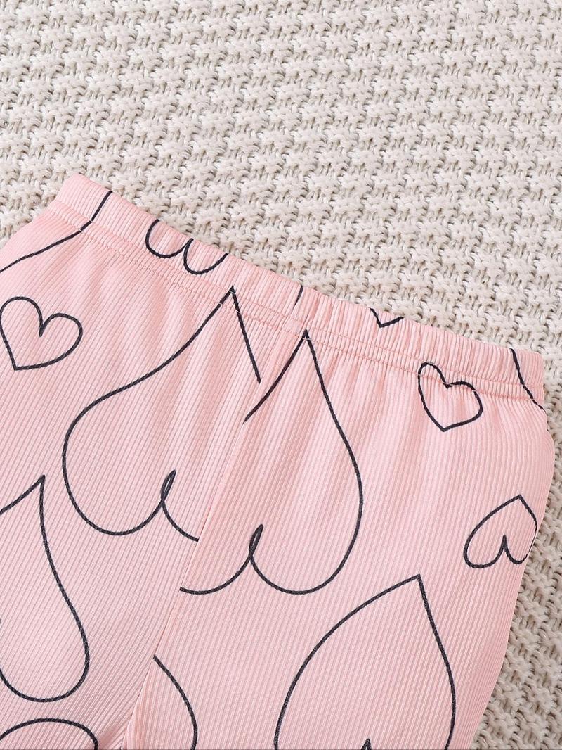 Product Introduction of Toddler Girl's Contrast Binding Lettuce Trim Tee & Pants Two-piece Set, Cute Casual Cartoon Cloud Print Long Sleeve Top & Heart Print Elastic Waist Trousers for Spring & Fall, Kids Clothes for Daily Wear 11