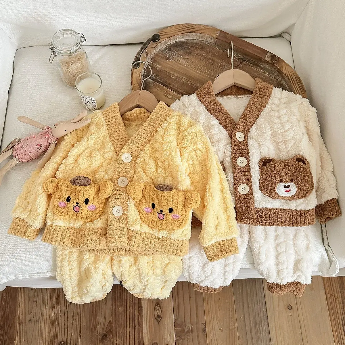 Bộ Đồ Ngủ vải nỉ Cho Trẻ Em, Thiết Kế Hoạt Hình, Lót Lông Cừu, Dày Dặn, Đồ Lót Giữ Nhiệt, Thích Hợp Cho Mùa Đông, Áo Cardigan Trẻ Em, Bộ Đồ Mặc Nhà