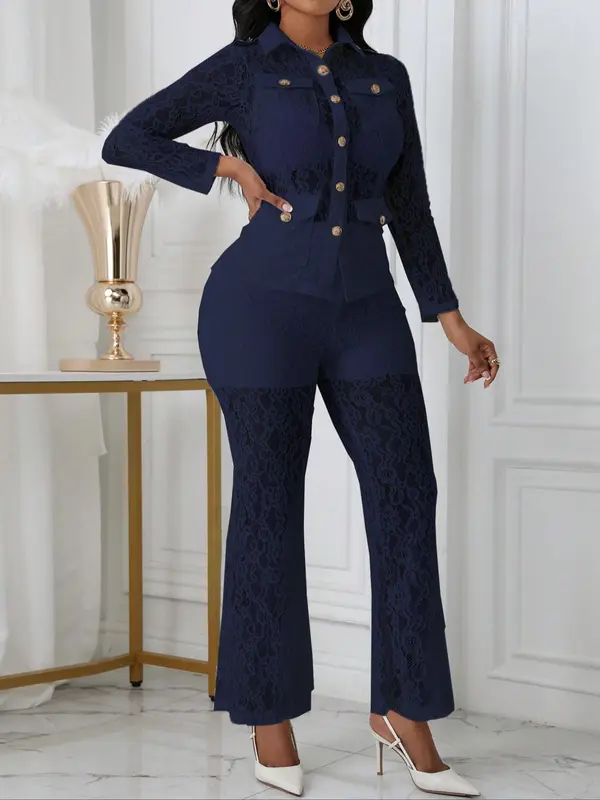 Women's Floral Lace Button Front Pocket Jacket & High Waist Pants Set, Elegant Sheer Long Sleeve Collared Top & Straight Leg Pants for Vacation Holiday Party, Ladies Clothes for All Seasons, Sassyclassyclothing, Co-ord Sets for Women 6