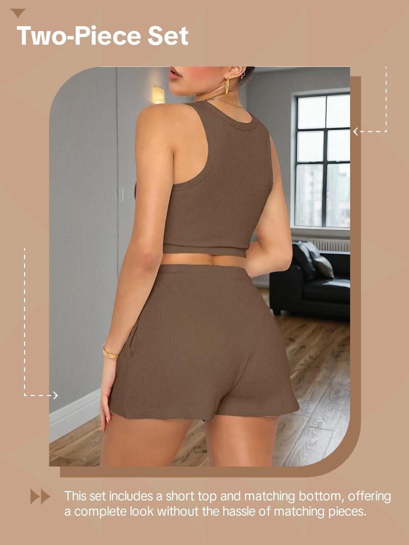 Product Introduction of Women's Solid Crop Tank Top & Shorts Two-piece Set, Casual Fashion Cozy Two Piece Outfits for Daily Outdoor Wear, Ladies Clothes for Summer, Tracksuit 7