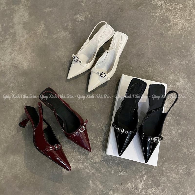T022 - Giày cao gót 5p khoá khuy trơn 3 màu đen - trắng kem - đỏ đô CHUẨN SIZE