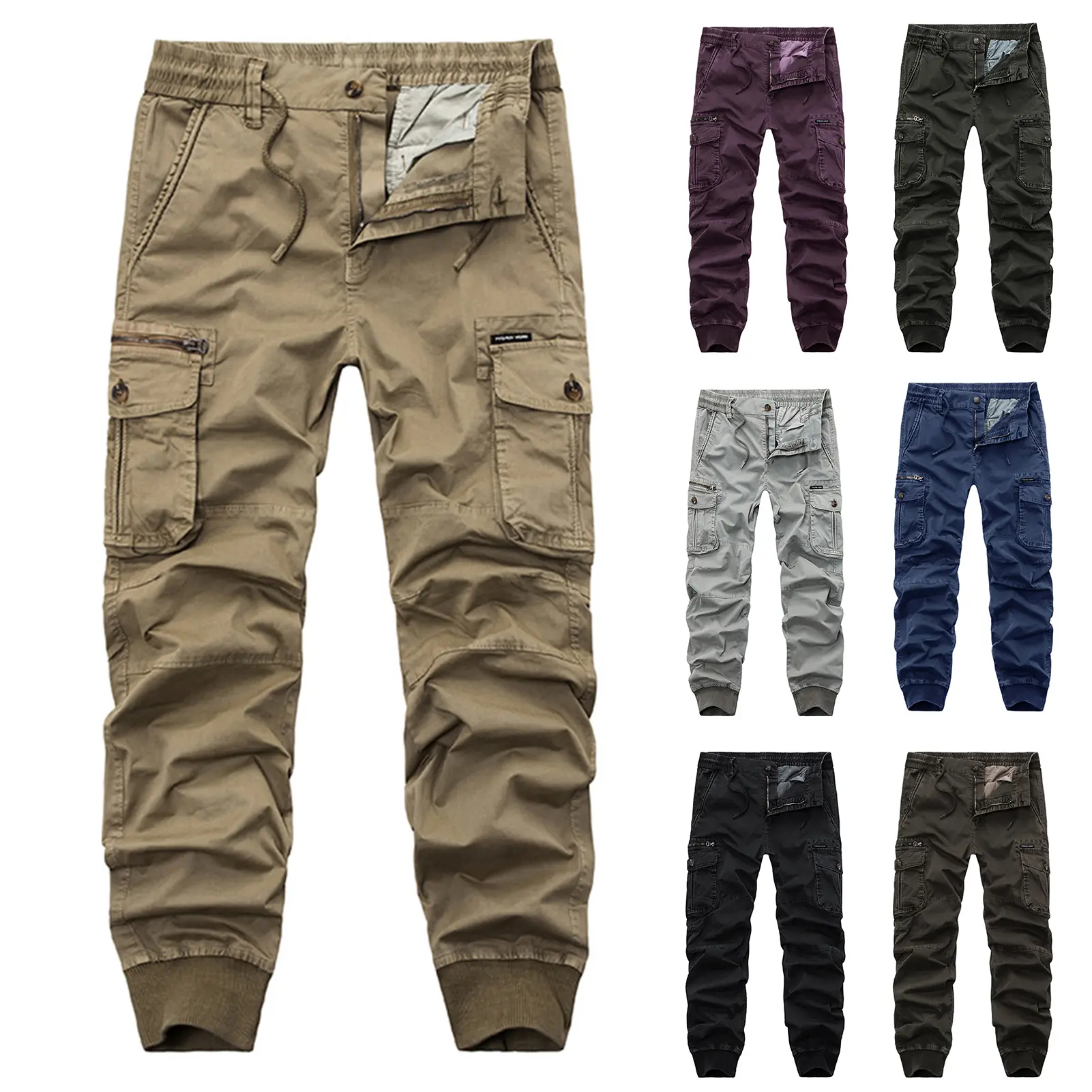 Men Cargo Pants Solid Color Zipper Fly Multi Pockets Drawstring Elastic Waist Streetwear Bottoms Ankle Tied Trousers for Working