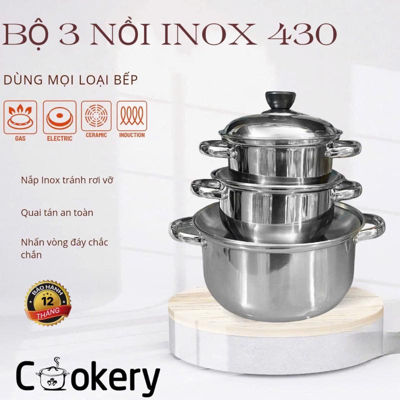 Bộ 3  Nồi Inox 1 Đáy Inox 430 Cookery - Sự Lựa Chọn Hoàn Hảo Cho Căn Bếp Của Bạn!** - MS: Cookery 1DTTGN430 (size 16-18-24 ) thép không gỉ có nắp