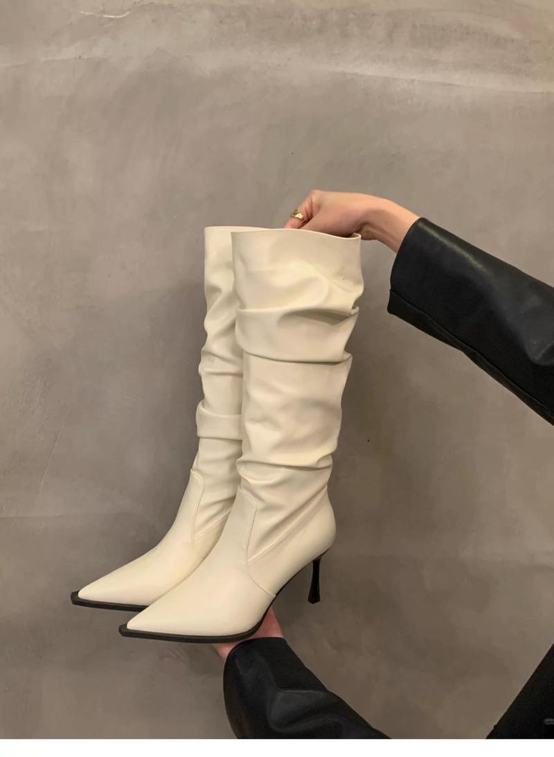 Product Introduction of 2025 Pointed Toe White High-Heeled Western Boots Female Boots New Spring Summer Slimming Pile Style Knight Spring And Autumn Boots 11