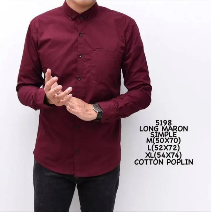 Kemeja Polos Maron Lengan Panjang Pria Kerja Katun Ukuran M L XL Kantong Nyaman Slim Maroon Formal