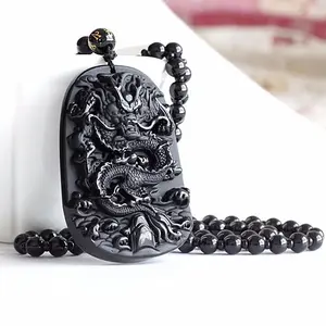 Kalung Ukir Naga Batu Hitam - Black Jade Pendant Fine Carving Flying Dragon Obsidian Synthetic Stone Chinese Legend Buddhist Necklace Lucky Amulet Pendant + Beads Chain Chinese Zodiac / Liontin Shio Naga High Quality Impor Bandul + Tali Rantai Manik