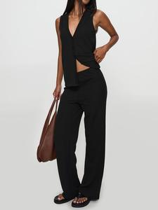 Two-piece Set Women's Solid Color V Neck Tank Top & Wide Leg Pants, Casual Sleeveless Top & Trousers for Summer, Ladies Clothes for Daily Wear