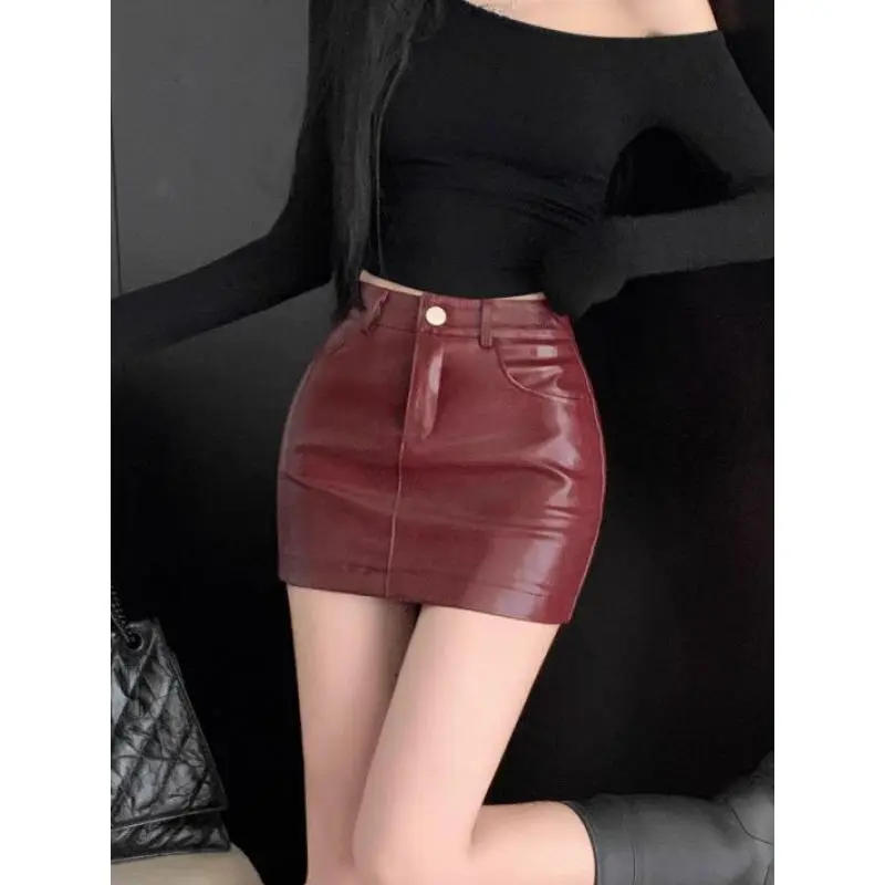 Váy Da, Màu Đỏ, Dành Cho Nữ, Cạp Cao, Váy Chữ A, Váy Vỏ Da PU Nhỏ Tháng 9, Hàng Mới Về Cho Mùa Thu Và Mùa Đông, 2024 Women Voan Khuy