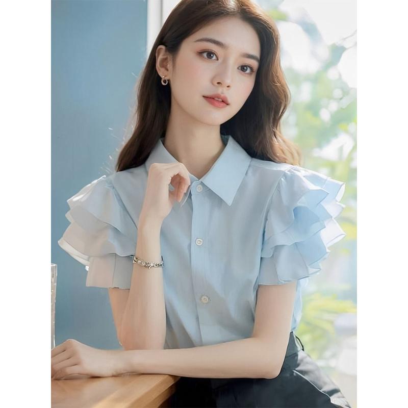 (in Stock) European Goods Beautiful Fashion Casual Temperament High-Grade Super Nice Top Blue Ruffled Short Sleeves Women's Shirt Women's Summer Blouse Lingerie 1