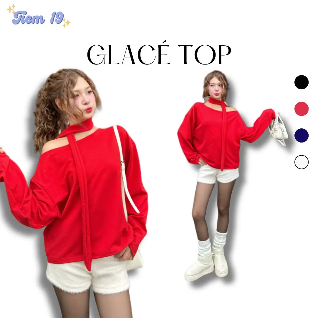 [Tặng kèm dây] Áo Dài Tay Trễ Vai Thun Nỉ Da Cá  | Tiệm 19 | Glacé Top