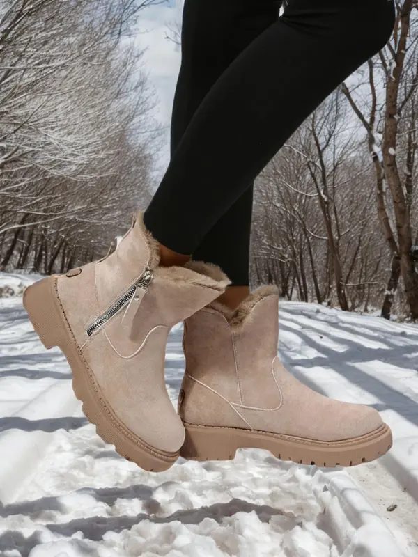 Women's Solid Color Zipper Side Warm Snow Boots, Casual Sporty Plush Ankle Boots for Outdoor Wear, Non-slip Outdoor Shoes for Women & Girls 2