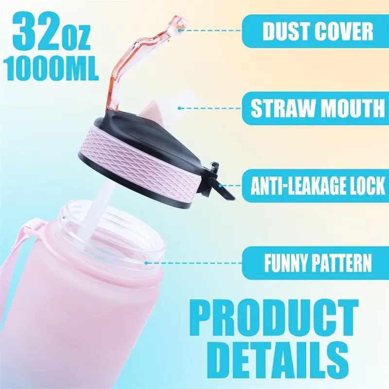 32oz Water Bottle, 1 Count Floral Pattern Sports Water Bottle with Time Marker, Outdoor Durable Large Capacity Hiking Water Bottle 2
