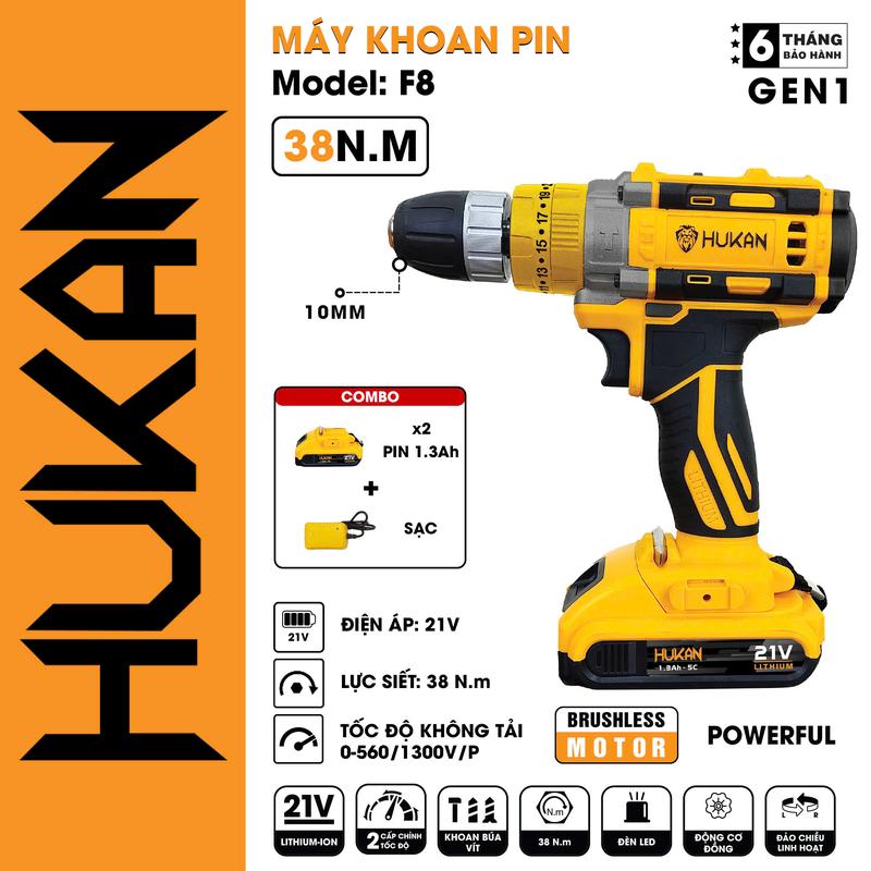 [DEAL HỜI] Bộ máy khoan pin Hukan F8 2 pin kèm sạc, tặng kèm bộ phụ kiện đầy đủ hàng chính hãng dành cho anh em thạch cao, lắp wifi, camera, biển quảng cáo, lắp vỏ áo xe máy khoan vít cơ bản