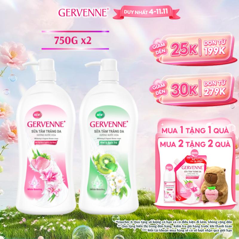 ĐỘC QUYỀN KOL KOC Combo 2 Chai Sữa Tắm Dưỡng Da Gervenne Kiwi & Dâu Tây 750g x 2 chai