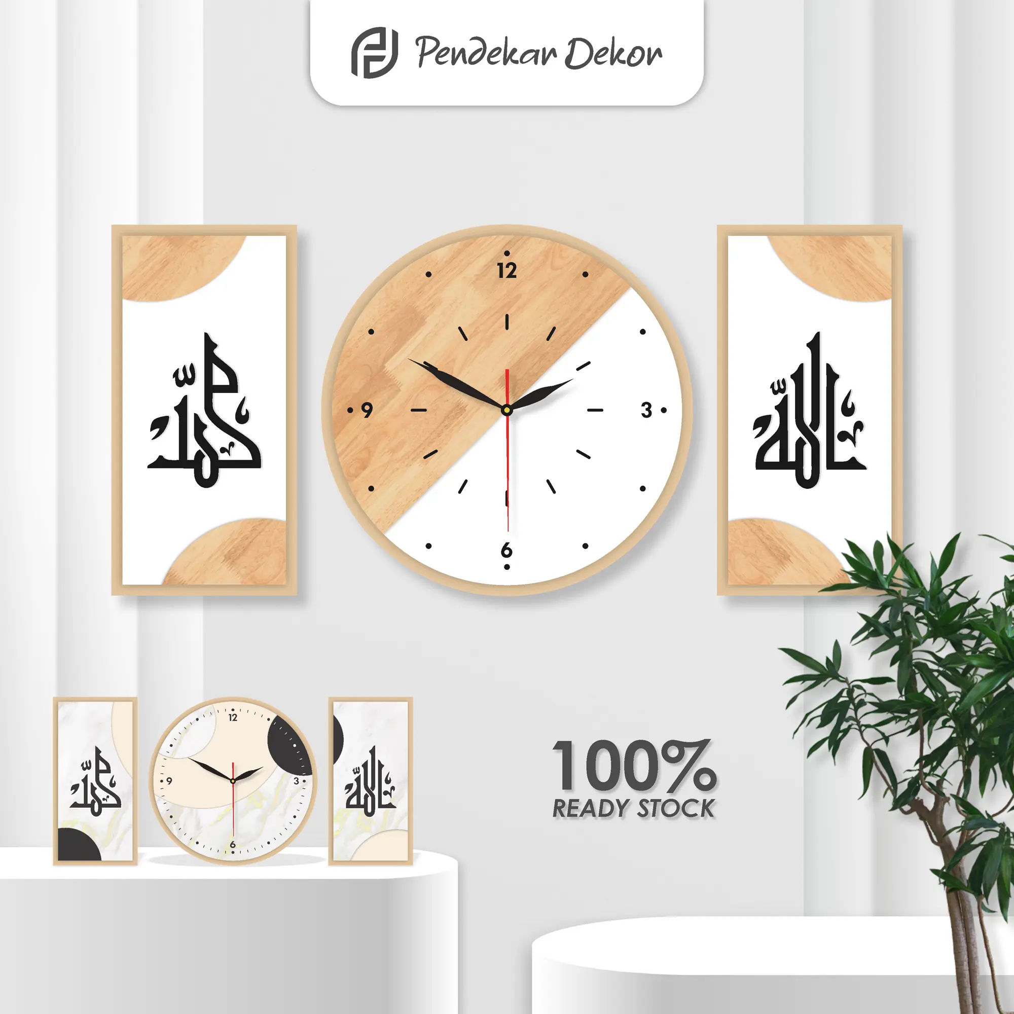 Jam Dinding Minimalis Geometri Wall Decor 1 Set Besi Kayu