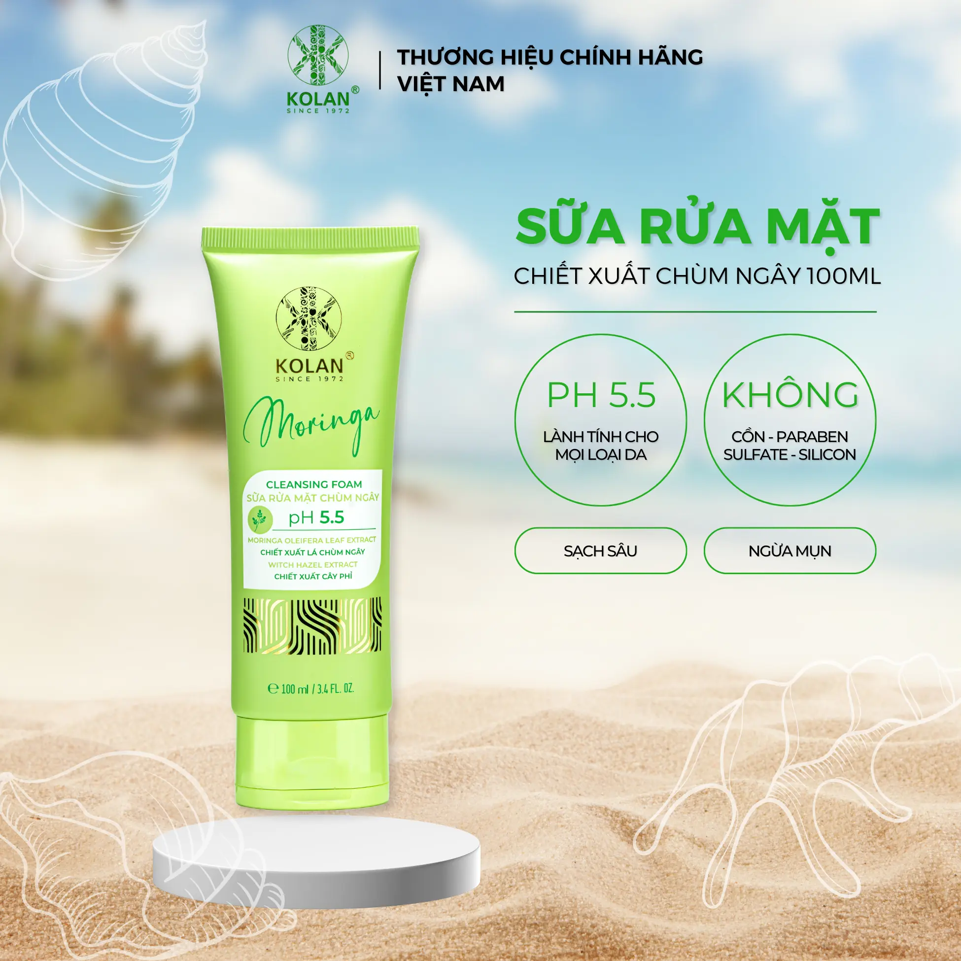 Sữa rửa mặt sạch sâu, dưỡng ẩm, ngừa mụn chiết xuất chùm ngây KOLAN 100ml - Mẫu mới