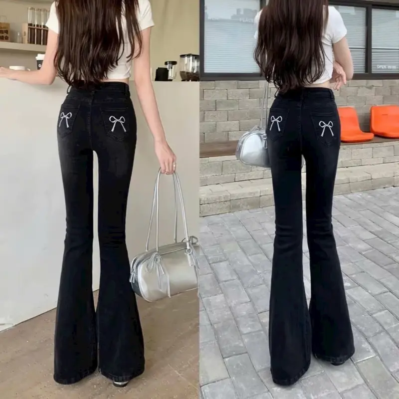 Quần jeans ống loe túi sau thêu hoạ tiết nơ lưng cao co dãn phong cách hàn quốc 1