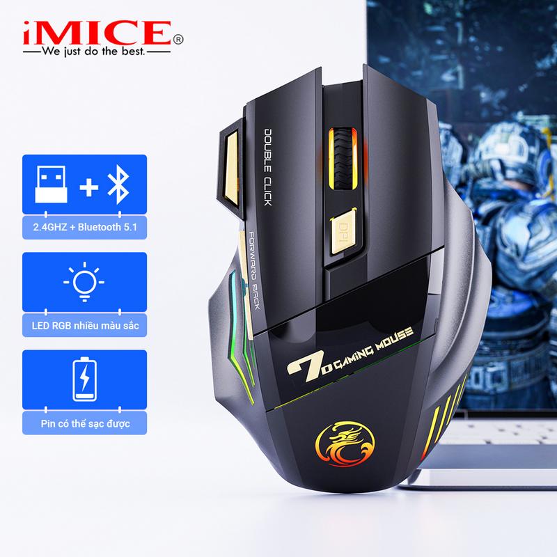 [iMICE] Chuột gaming không dây iMICE GWX7 - 2 mode 2.4GHZ và bluetooth 5.1 - 7 nút bấm - Đèn LED 7 màu - Pin có thể sạc được - 3200 DPI - Bảo hành 6 Tháng