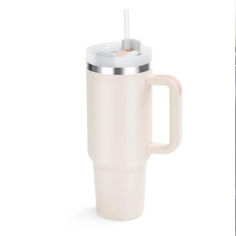 1pc 40oz Handle With Straw Insulated Cup (beige)