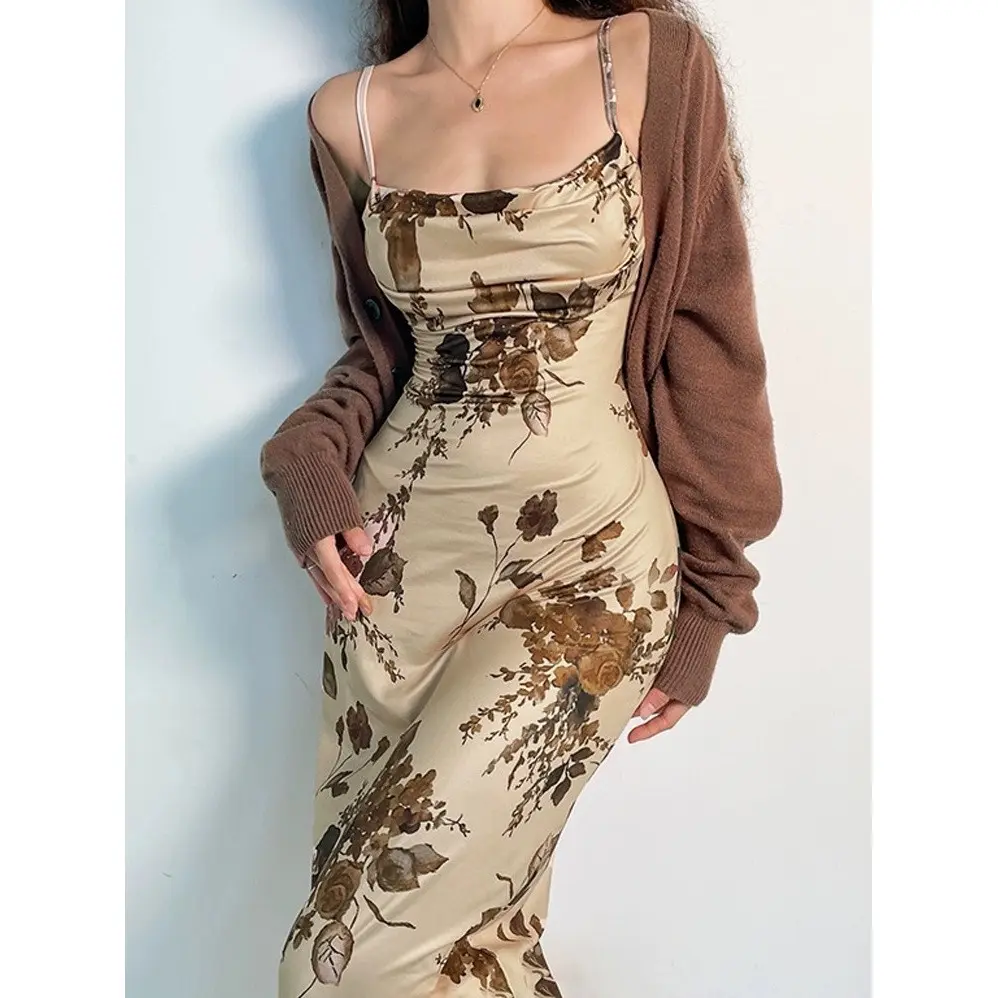 1318 Đầm hoa đi biển hở lưng dài Đầm bigsize nữ trễ vai tiệc Đầm 2 dây Váy liền chữ A dạ hội đi tiệc