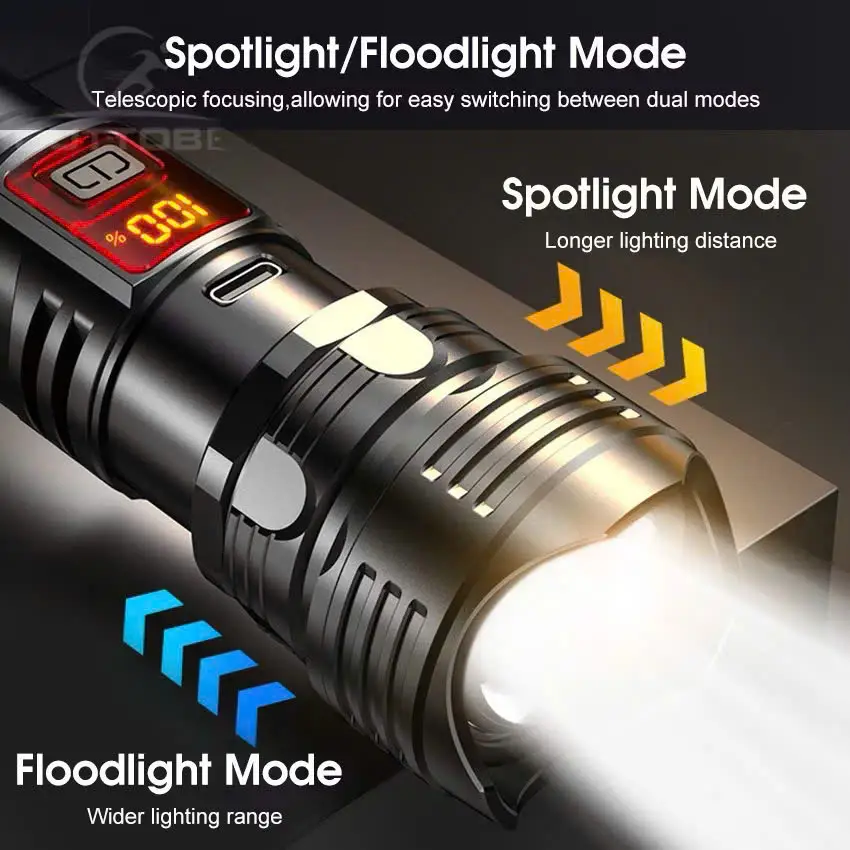 Đèn pin với nhiều chế độ đèn, ánh sáng mạnh có màn hình led hiển thị pin dễ dàng sử dụng tiện lợi