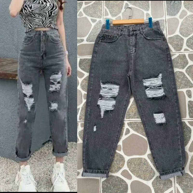 Quần Jean Baggy Nữ Bigsize 55-90kg Xám Rách Lưng Cao Không Co Giãn Dài 98cm Ong Women Pants Kem