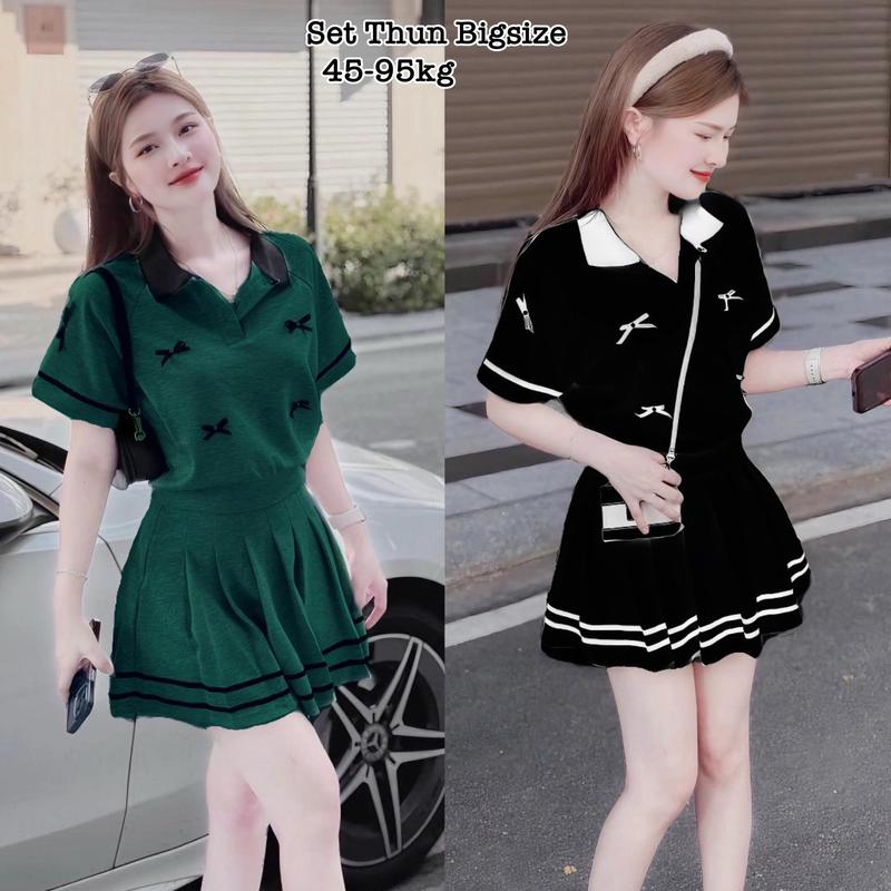  Thời Trang Bigsize - Set Áo Cổ Bẻ Nơ Nổi Mix Chân Váy Xếp Ly Có Lót Trong Vải Thun Tăm Hot Hit Nữ Cao Cấp Xinh 40-95kg 2265 