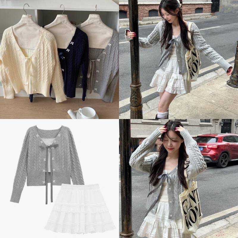 Áo khoác cardigan len vặn thừng thêu nơ ren kèm nơ ruy băng cài form rộng [KC1910] Nữ Women Top