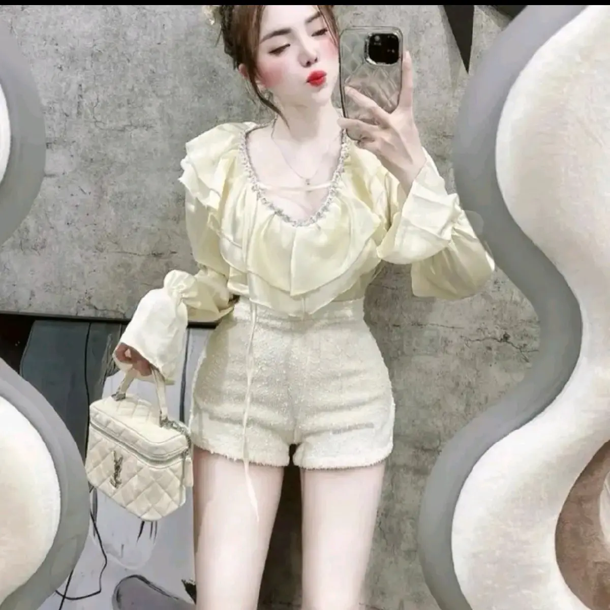 set hot Bộ đồ tiểu thư tay dài và quần dạ đính đá siêu sang chảnh cho nữ - Women miss grand