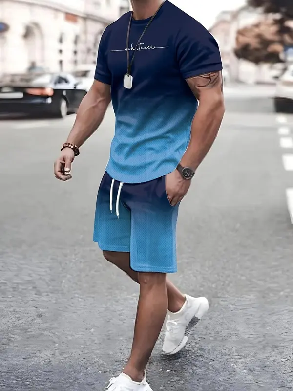 Two Pieces Men's Colorblock Striped Print Drawstring Two-piece Set, Regular Fit Casual Short Sleeve T-shirt & Pocket Shorts, Outfit Sets for Men, Men's Summer Outfits for Daily Wear, Going Out Outfit, Menswear 2