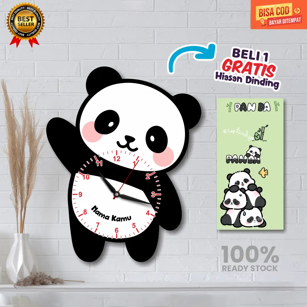 Grosir jam dinding Beli 1 GRATIS 1 hiasan dinding/jam dinding anak Tema Panda/jam dinding anak karakter/jam dinding anak aesthetic/dekorasi rumah anak/jam dinding kayu mdf lucu/hiasan dinding kamar anak