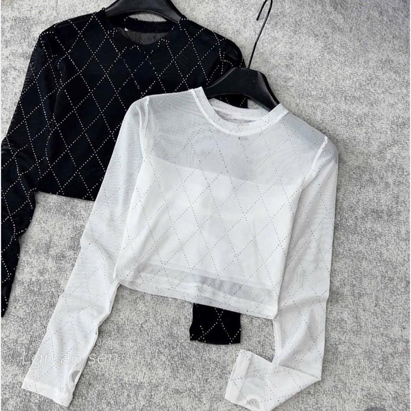 Áo thun nữ croptop cổ tròn tay dài đính đá. phong cách đơn giản chất thun tơ 2 lớp dày dặn chuan from shop 2