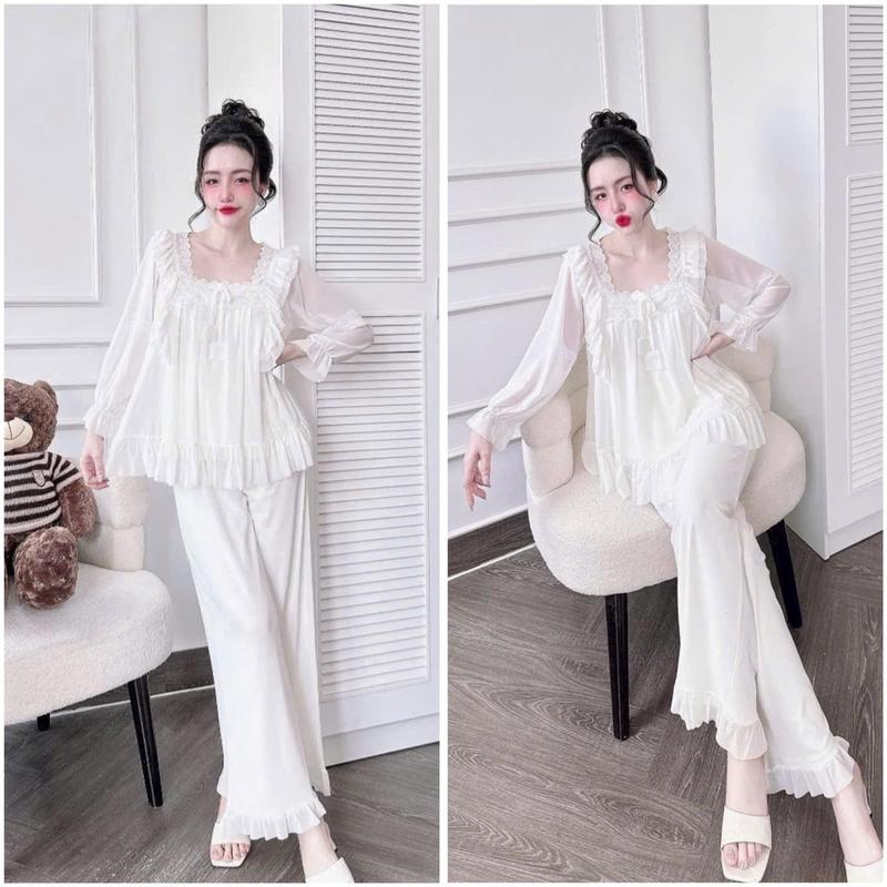 Bộ Freesize Tiểu Thư Ren Ngực Quần Dài Thun Lưới Thun Mềm Mịn Lót Thun Áo Và Lót Quần Dai 93cm(Freesize 45-65kg) Nữ.