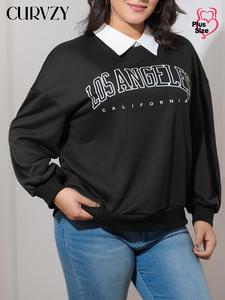 CURVZY Plus Size Letter Print Drop Shoulder Sweatshirt, Casual Long Sleeve Collared Pullover for Spring & Fall, Women's Clothes for Daily Wear